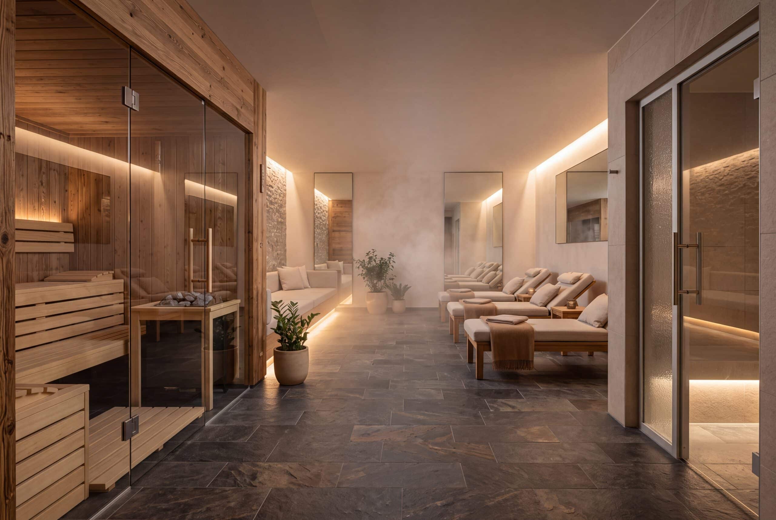 Zona benessere integrata con piscina, sauna e area relax in struttura ricettiva