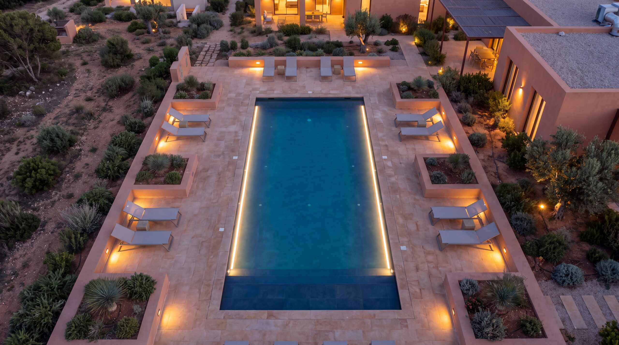 Piscina di struttura ricettiva con illuminazione e riscaldamento gestiti da sistema automatizzato