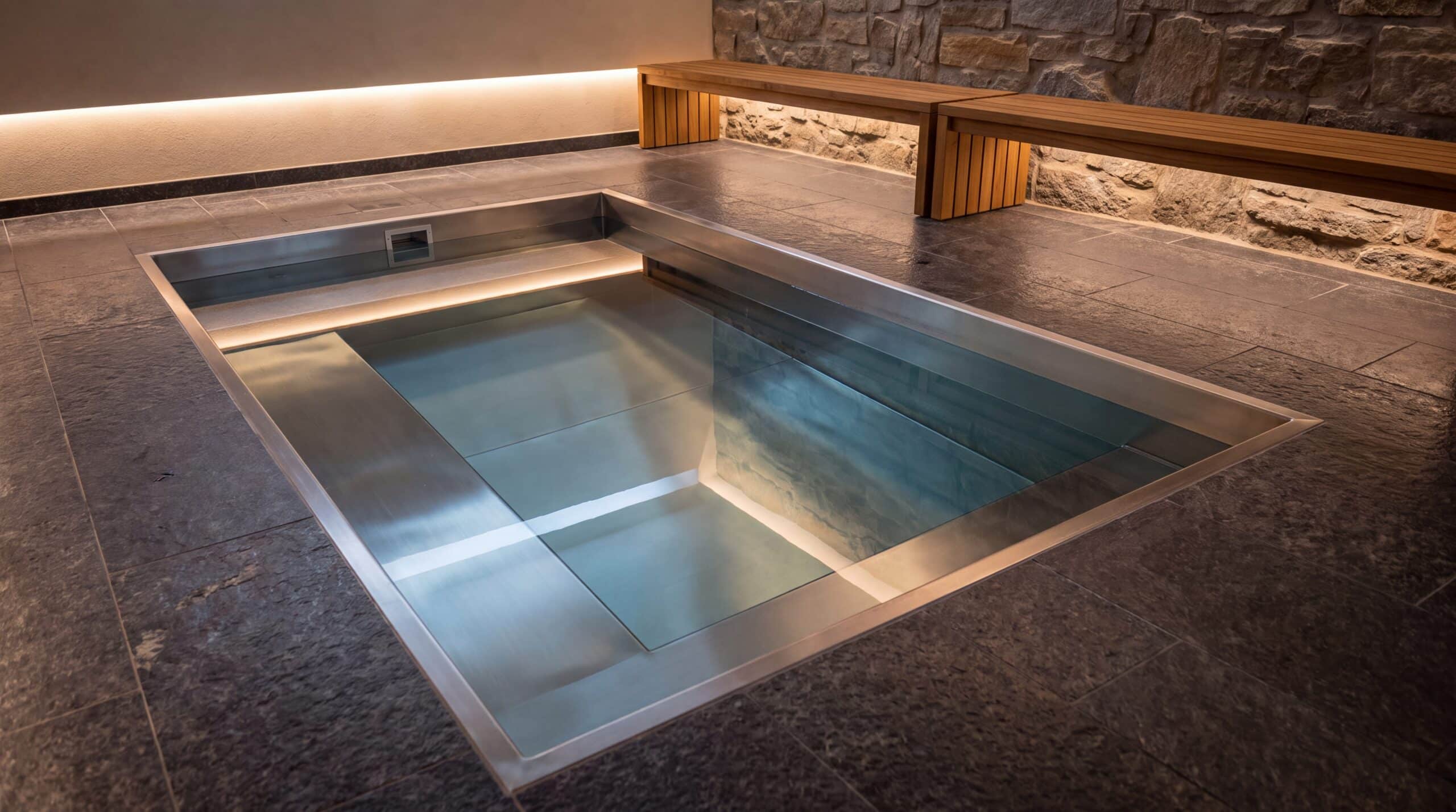 Frigidarium con vasca a immersione in acciaio inox in una SPA di hotel Vasca frigidarium integrata nell'area wellness di una struttura ricettiva