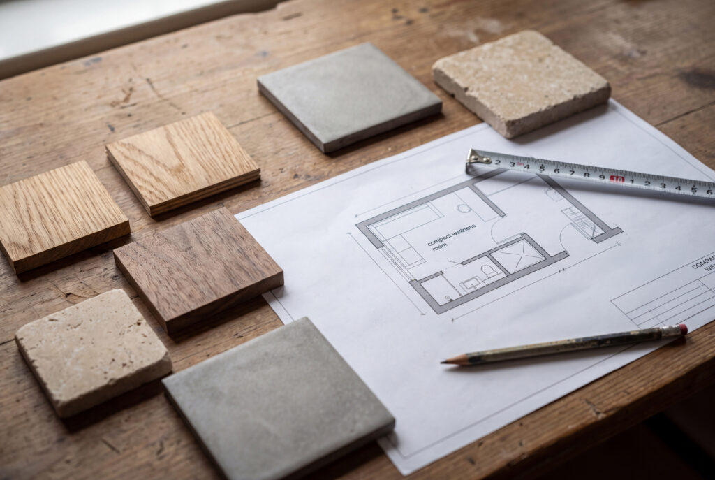 Fase di progettazione di un ambiente wellness domestico con campioni di legno, microcemento e planimetria tecnica