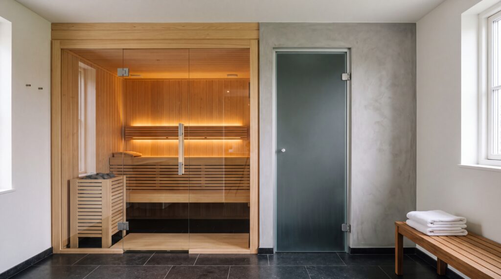 Spa privata domestica con sauna finlandese in legno chiaro e bagno turco su misura realizzati da CEMI Network
