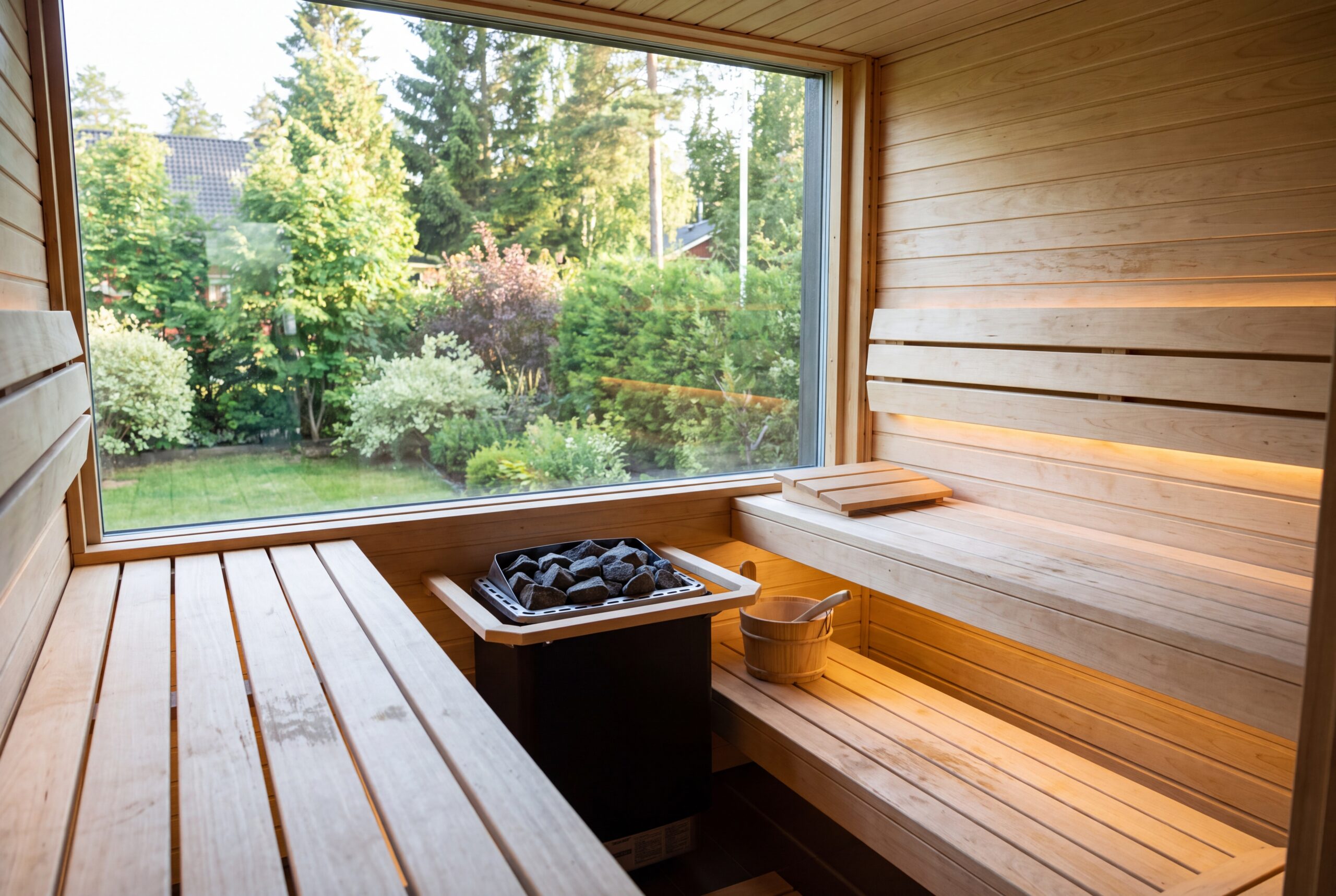 Interno di sauna finlandese domestica con panche in legno chiaro e stufa elettrica con pietre