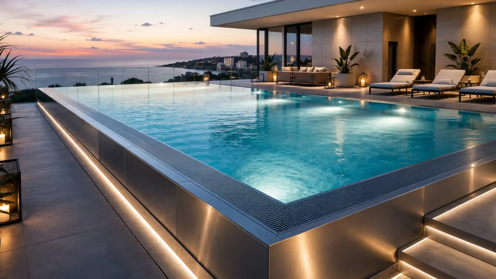 Piscina rooftop hotel con geometria personalizzata e struttura modulare