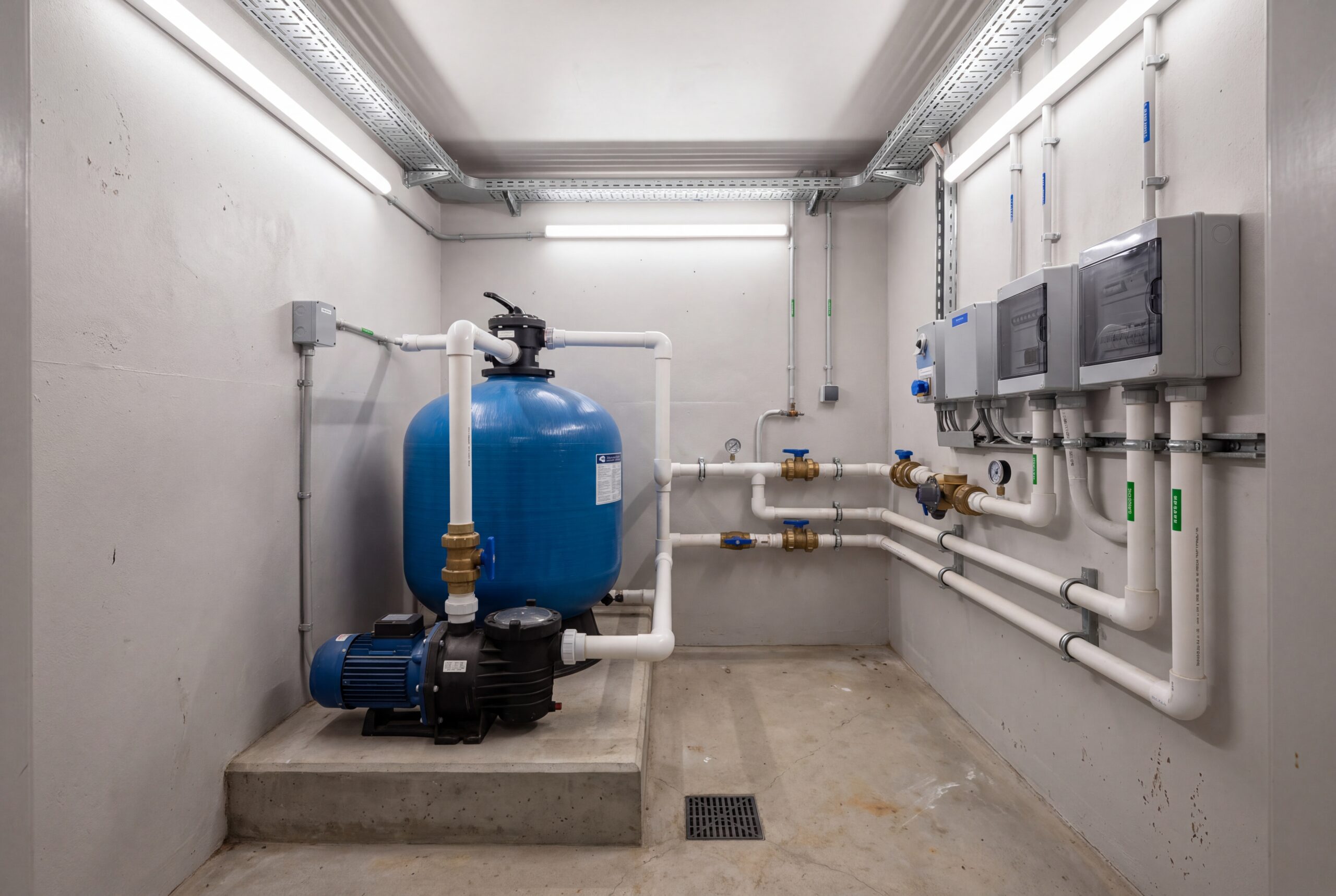 Locale tecnico con filtri e pompe di una piscina per struttura ricettiva Locale tecnico: la filtrazione determina quanti bagnanti la piscina può sostenere