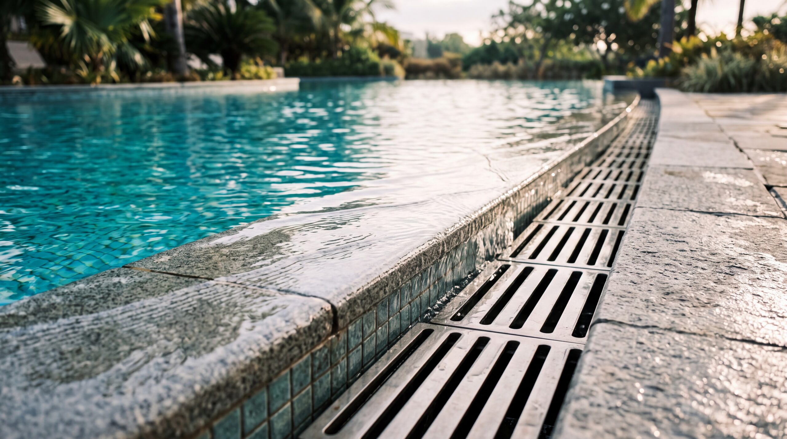 Bordo sfioro perimetrale di una piscina con acqua limpida, risultato di un impianto dimensionato correttamente Dettaglio del sistema di sfioro perimetrale e della qualità dell'acqua