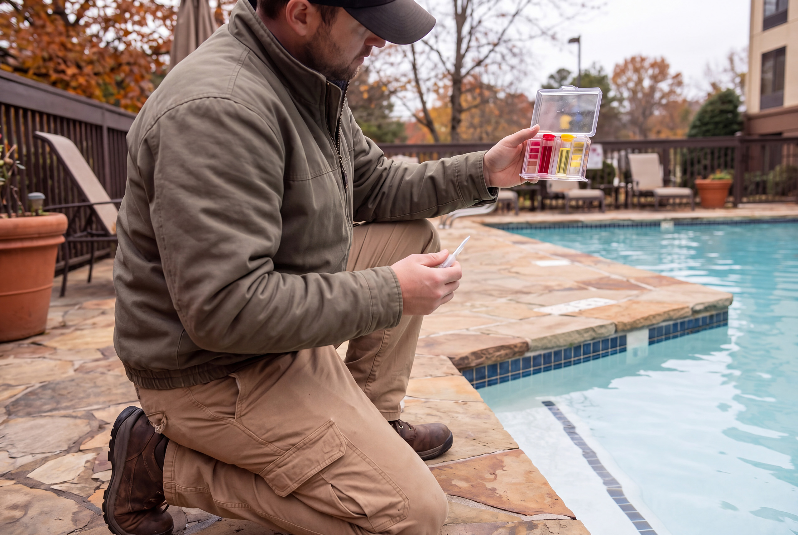 Tecnico controlla pH e cloro dell'acqua prima della chiusura invernale della piscina