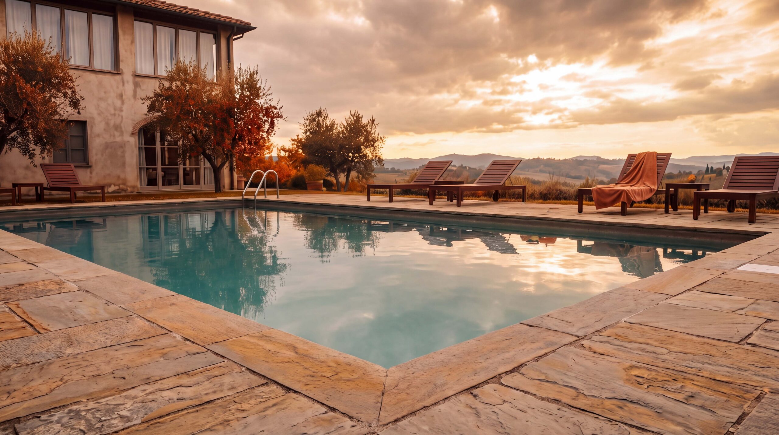 piscina-a-settembre-resort-copertura-termica Piscina di un resort a settembre con copertura termica parzialmente aperta al tramonto