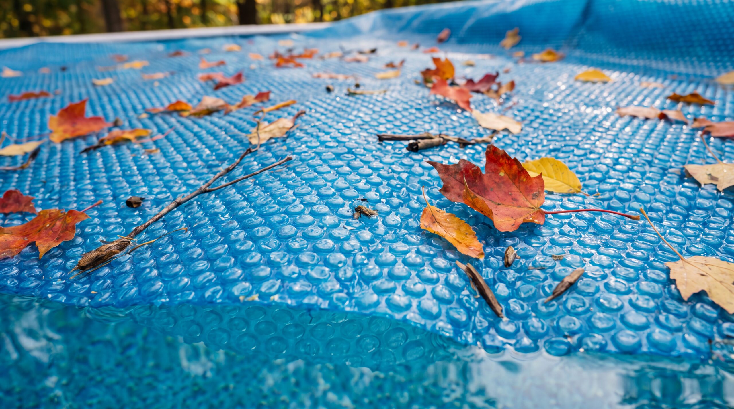 Copertura piscina a bolle che protegge l’acqua da foglie, rami e insetti.