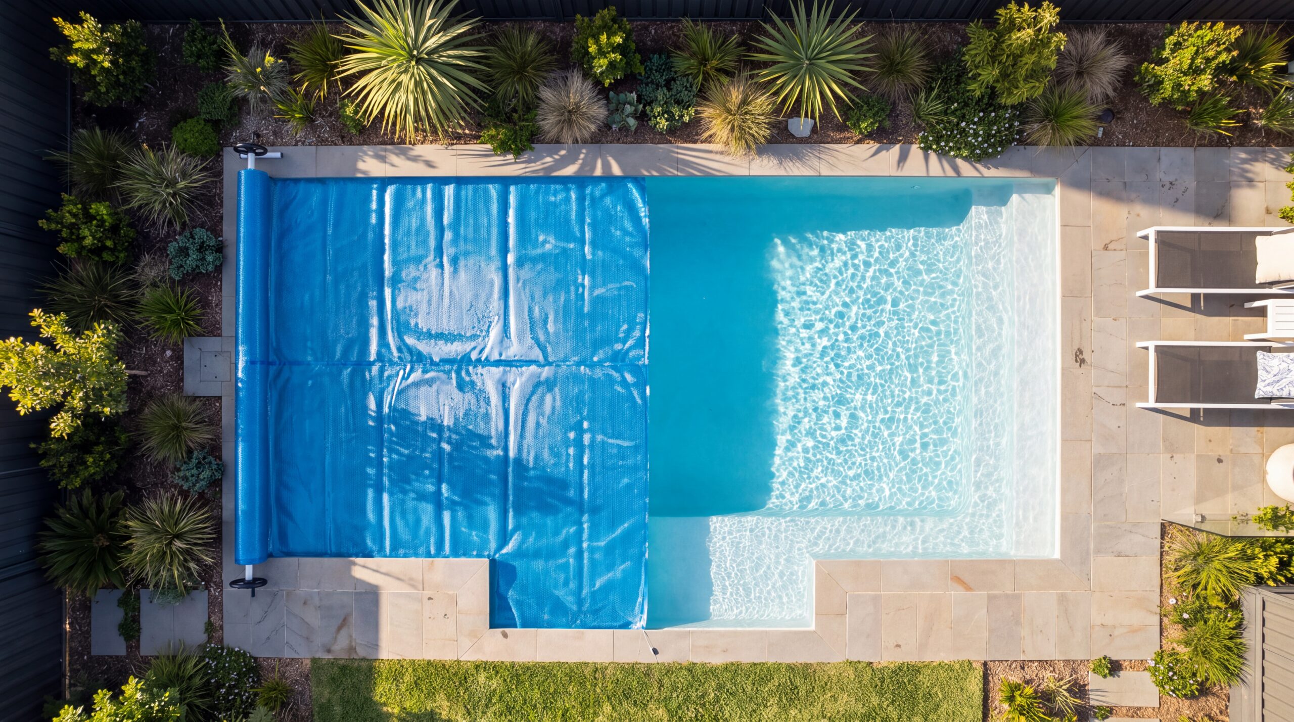 Piscina residenziale con metà della superficie coperta da telo a bolle e metà scoperta.