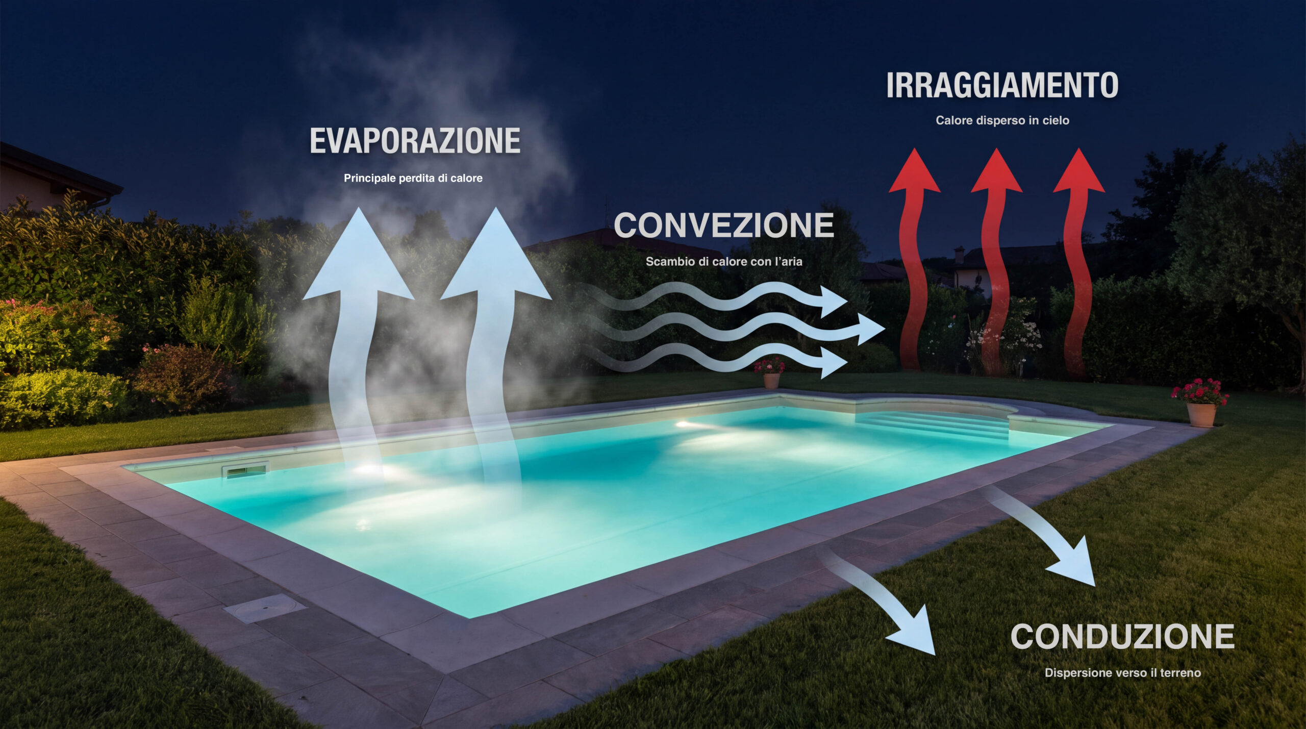 Infografica delle dispersioni di calore di una piscina scoperta durante la notte.