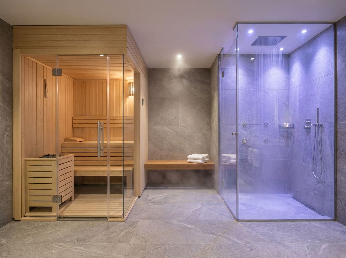 Sauna privata e doccia emozionale con cromoterapia nel bagno di una suite d’hotel