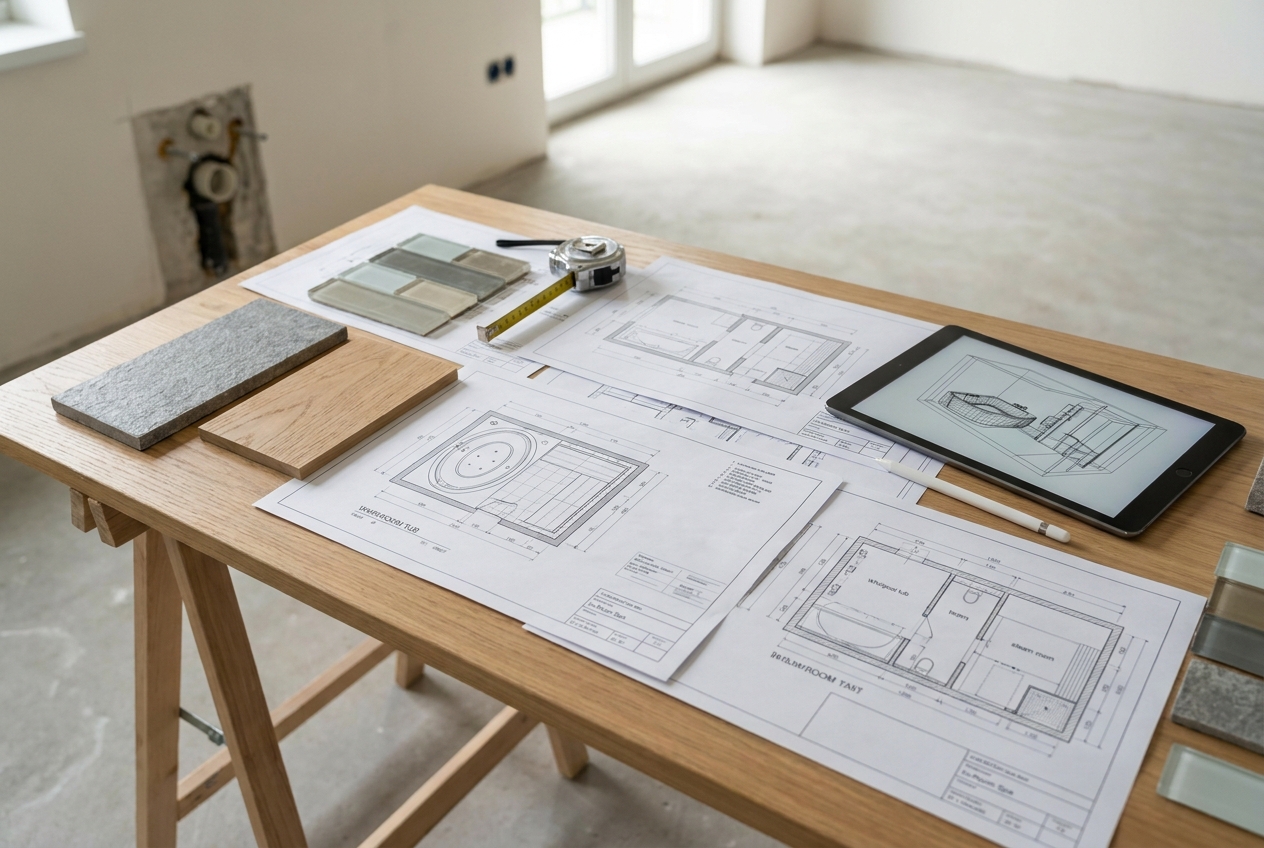 Progettazione di una spa in camera per hotel con disegni tecnici e campioni di materiali