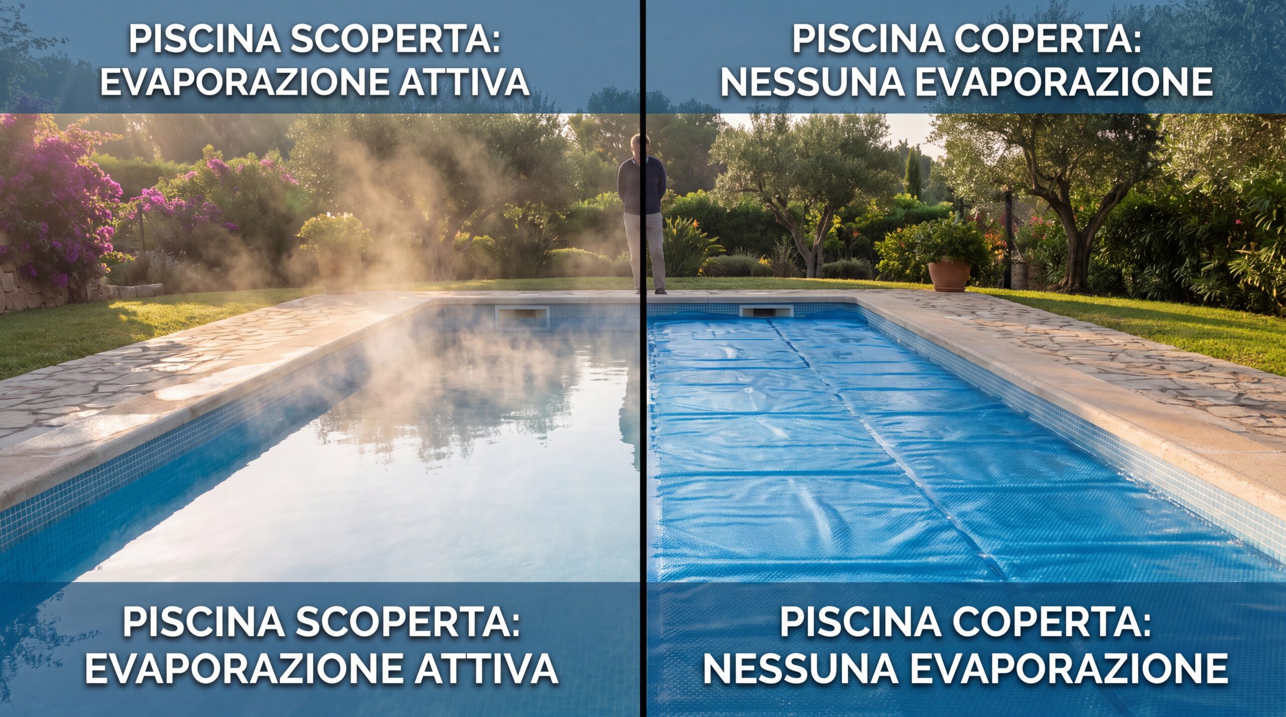 Telo a bolle per piscina parzialmente avvolto su un avvolgitore laterale.