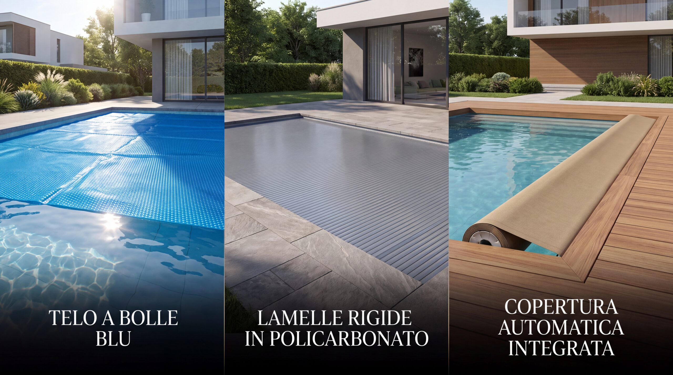 Confronto tra telo a bolle, lamelle in policarbonato e copertura automatica per piscina.